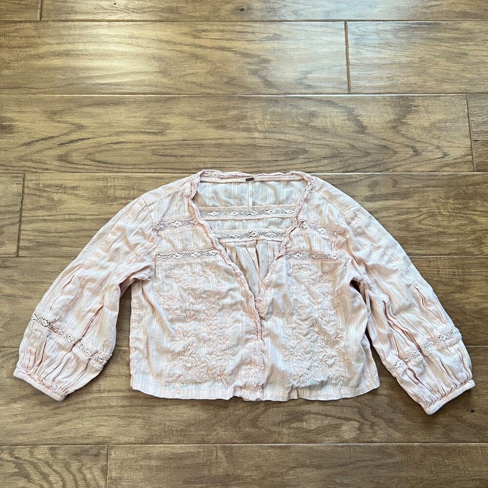 Free People Blouse Size M Peach Follow Your Heart Crop Top Embroidered